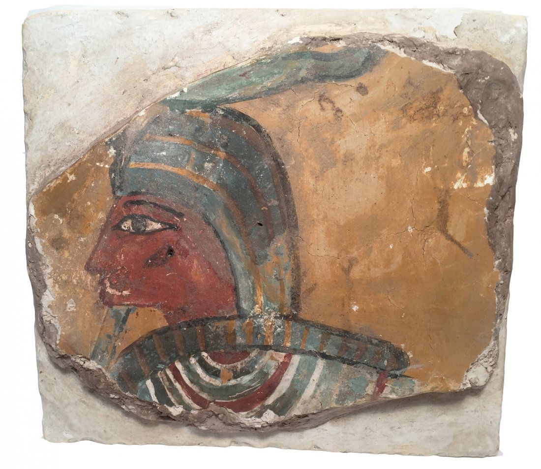 Egyptian painted stucco wall relief fragment of pharoah (1 of 2)