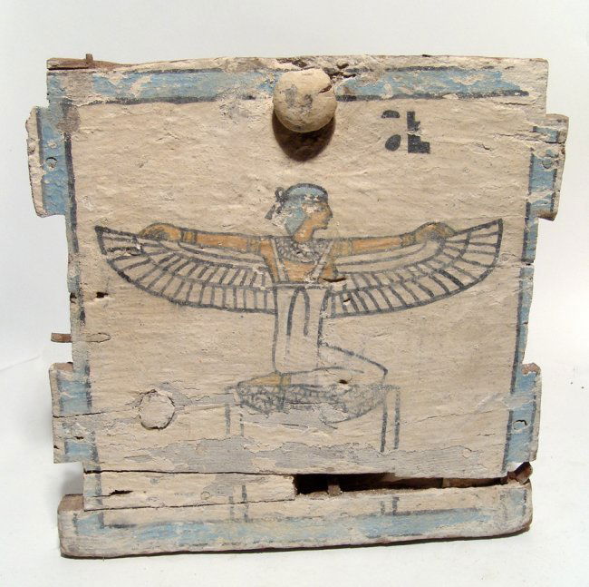 A beautiful Egyptian wood ushabti box side depicting (1 of 3)
