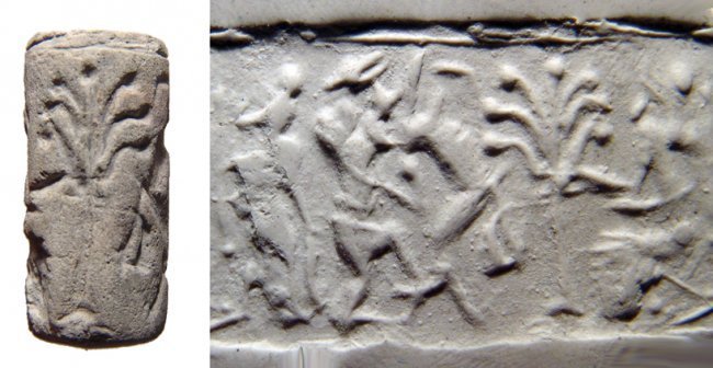 A Neo-Assyrian faience cylinder seal: A Neo-Assyrian faience cylinder seal, c. 9th - 7th Century BC, depicting a stylized male figure engaged with a bull whose hind quarters are raised, another male figure behind. Before them is a seated