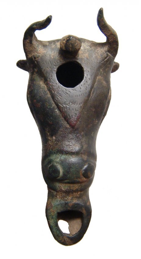 A Roman bronze lamp in the form of a bull’s head (1 of 7)