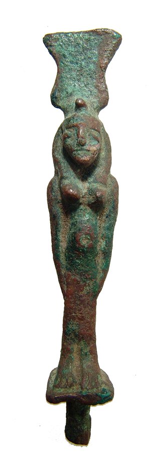 An Egyptian bronze figurine of a goddess, Late Period: An Egyptian bronze figurine of a goddess, Late Period, c. 664 - 332 BC, perhaps Hathor, wearing cow's horns and a close-fitting gown, her arms pendant at her sides. The figure stands on a square integ