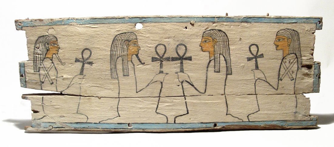 Egyptian wood panel depicting four seated deities (1 of 3)