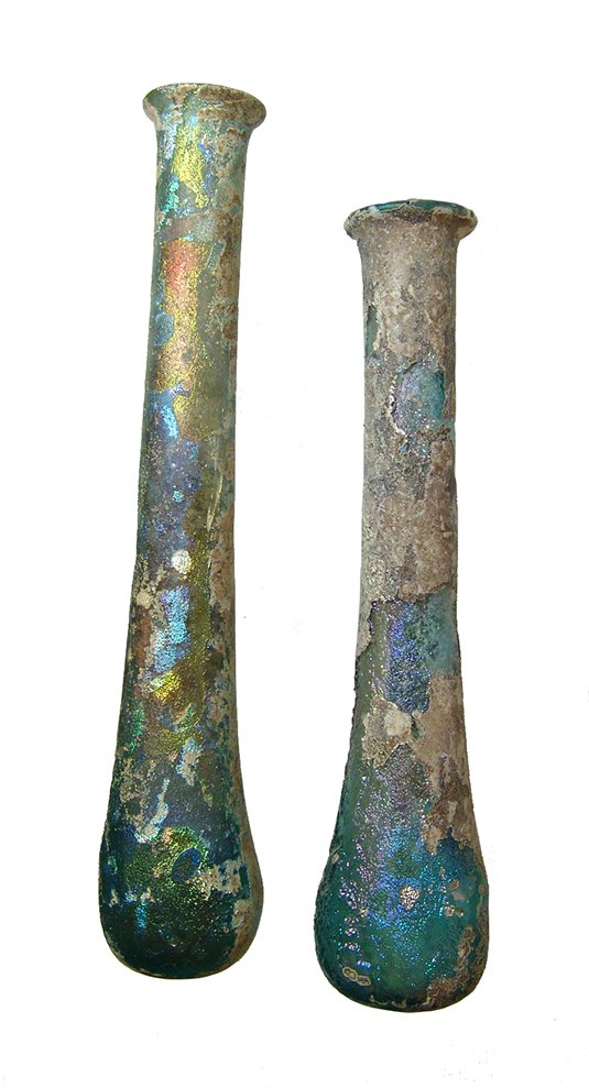A pair of Roman blue-green glass unguentariums (1 of 2)