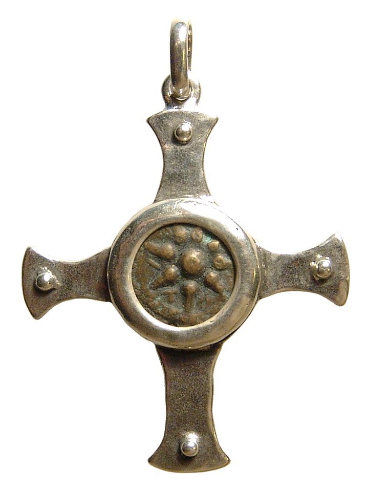 Judean 'Widow's Mite' set in a silver cross pendant (1 of 2)