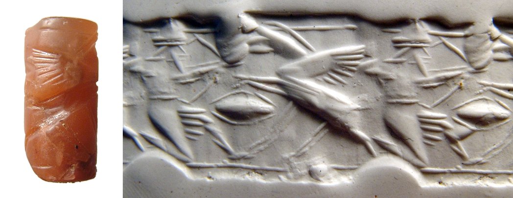 Neo-Assyrian carnelian cylinder seal: A choice Neo-Assyrian carnelian cylinder seal, 8th - 7th Century BC, depicting a king of hero holding a bow and engaged in combat with a rampant winged griffin. L: 23mm. Nicely detailed. Ex Orange Cou