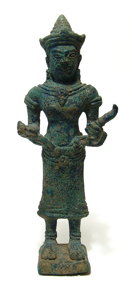Panya Boramite bronze figure of a goddess: A handsome Panya Boramite bronze figure of a goddess, Cambodia, Angkor Period, x. 12th Century, the Goddess of Wisdom holds a lotus flower in one hand and the Buddha bible or magic glass in the other.