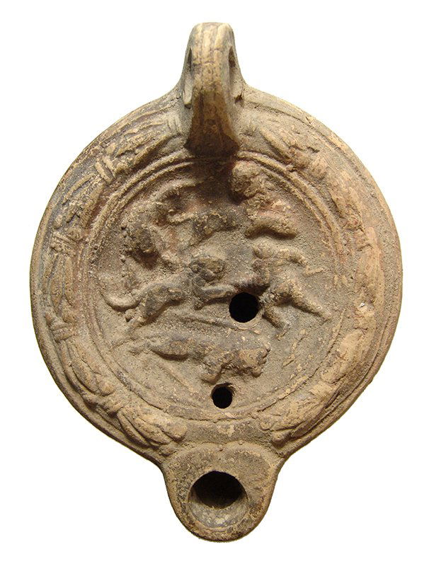 Roman oil lamp with arena scene involving a gladiator (1 of 3)