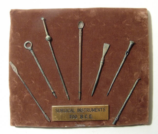 Mounted set of 7 Roman bronze surgical implements (1 of 2)