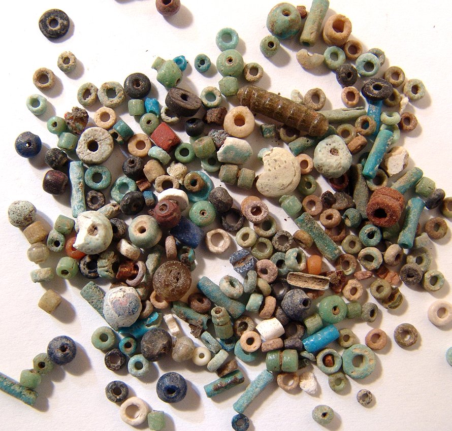 Lot of 200+ Egyptian faience beads, Late Period: A lot of 200+ Egyptian faience beads, Late Period, c. 664 – 30 BC, in various colors, shapes and sizes and a good group for jewelry. Ex Los Angeles private collection.