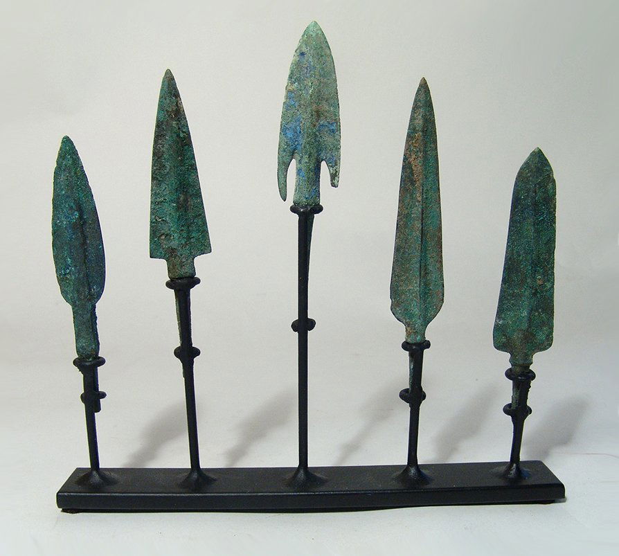 Mounted collection of 5 Near Eastern spear/arrow points (1 of 4)