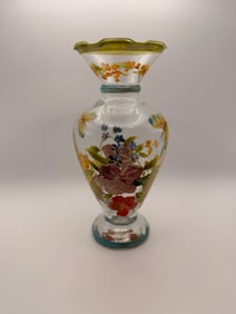 Vintage Hand Painted Floral Bohemian Style Glass Vase 6.5” Blown Glass Ruffled Rim