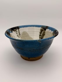 Large Signed Studio Pottery Bowl 9.75” Blue White Brush Glaze Handmade