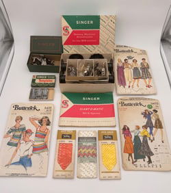 Large vintage lot of SINGER sewing machine accessories with boxes & other accessories
