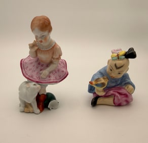 Herend Hungary Handpainted Porcelain Figurines, Girl with Cat & Boy with Bird - no reserve
