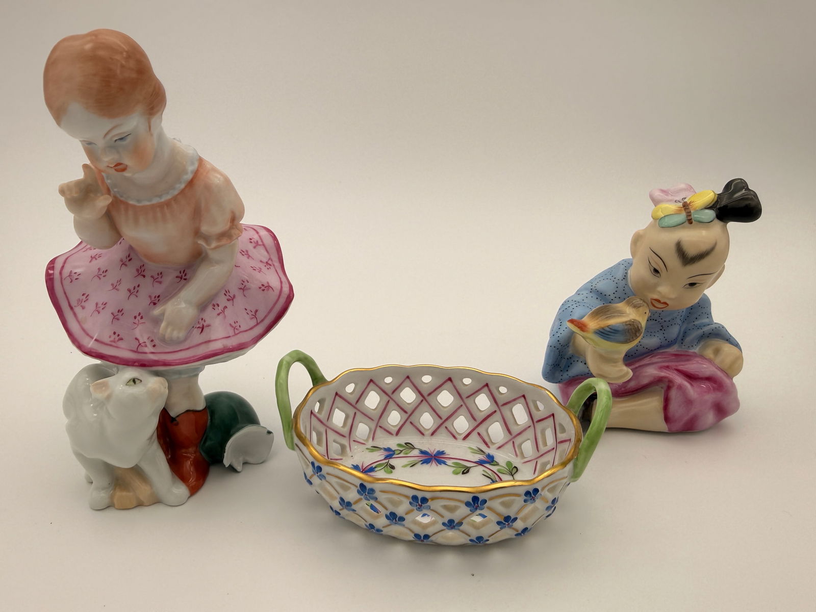 Lot of 3 Herend Hungary Handpainted Porcelain Figures and Basket (1 of 6)