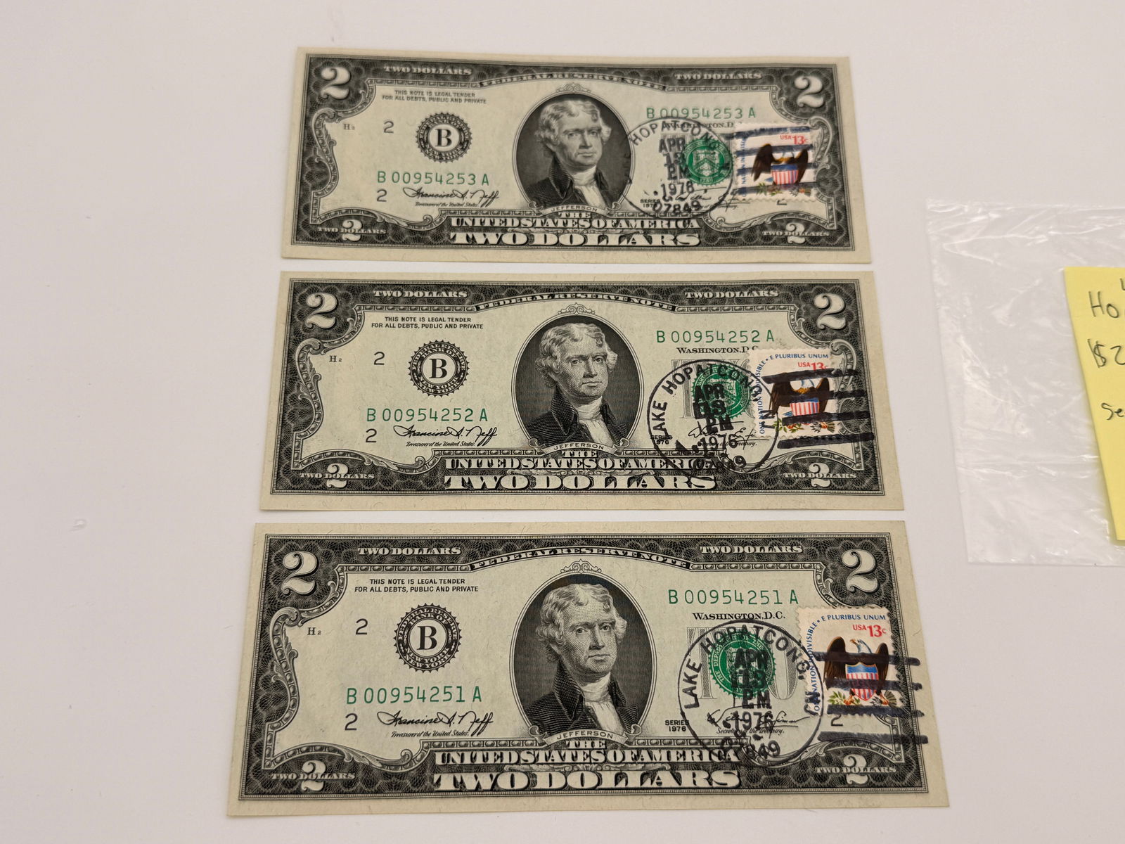 Set of 3 1976 $2 Bills – Lake Hopatcong, N.J. First Day of Issue (Consecutive) (1 of 3)