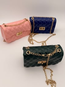 Set of Three Modern Jelly Quilted Handbags with Gold Chain Straps