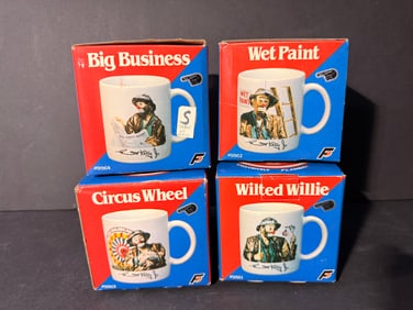 Set of 4 Emmett Kelly Jr Clown Coffee Cups - 1 is signed by artist