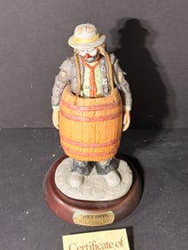 Over a Barrel Emmett Kelly Jr Clown Figurine Flambro w/ Stand - Includes COA