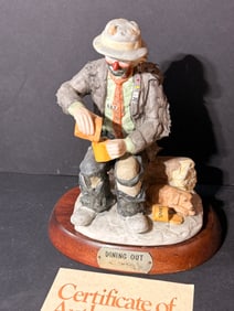 Dining Out Emmett Kelly Jr Clown Figurine Flambro w/ Stand - Includes COA