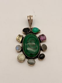 Sterling Silver .925 Multi Stone Large Pendant 3.25" x 1.75"