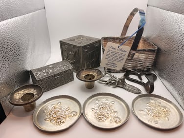 Mixed Silverplate & Metal Decorative Lot incl. F.B. Rogers Basket & Baby Bank