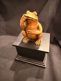 Cast Metal Frog Sculpture on Plinth Base