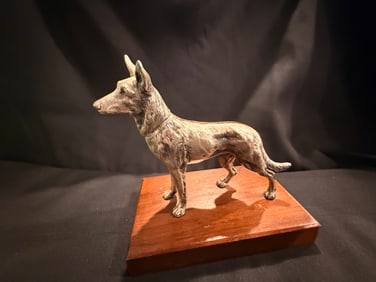 Vintage Cast Metal German Shepherd Dog Sculpture on Wood Base