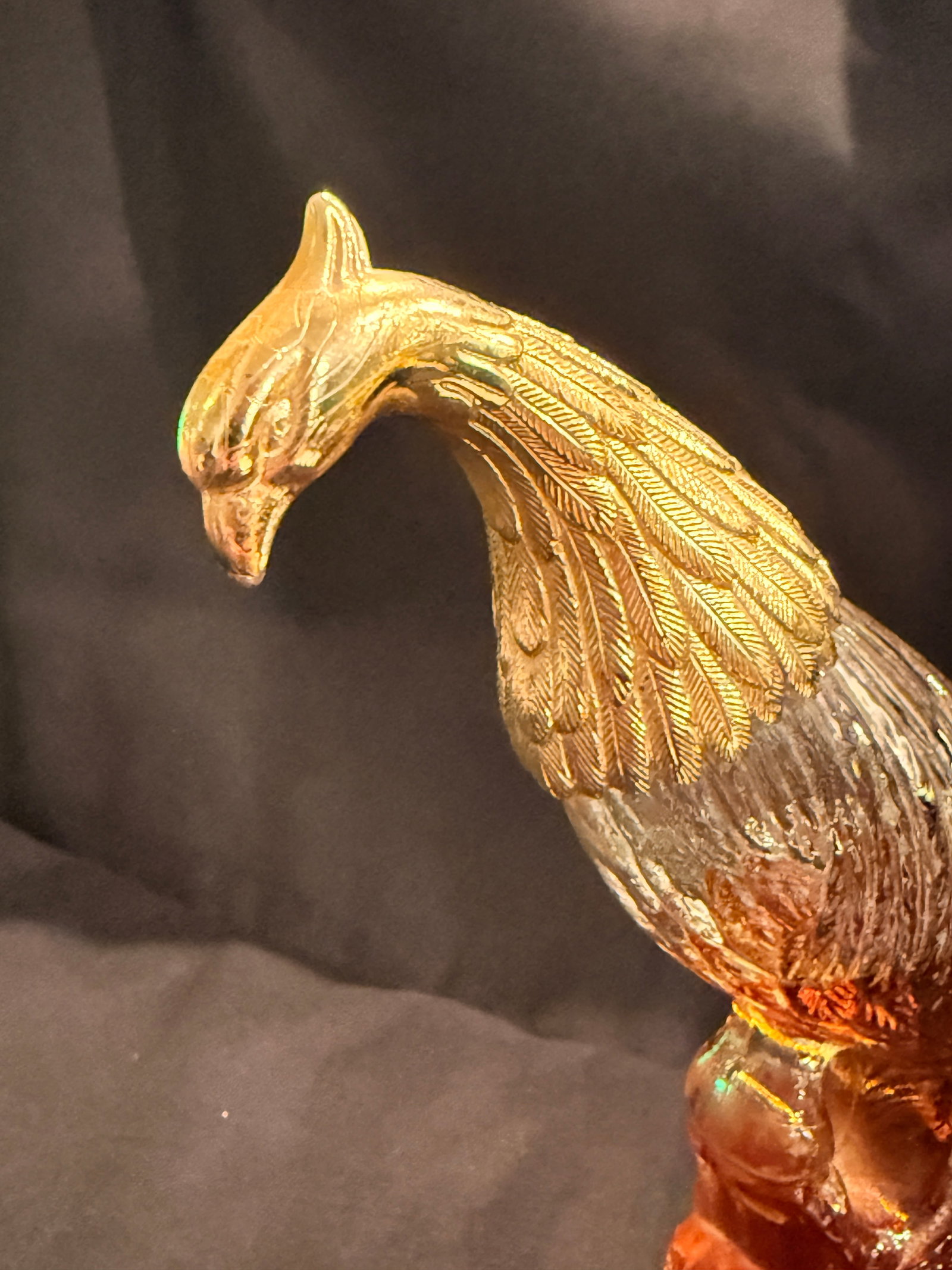 Vintage Avon Figural Peacock Clear Glass Perfume Bottle: Clear molded glass Avon figural perfume bottle in the form of a peacock or exotic bird, retaining original colored perfume. 8" x 4" x 1.5"