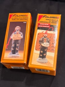 Two Emmett Kelly Flambro Clown Ornaments w/ Original Boxes
