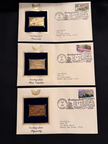 Set of 3 "Greetings From" US Stamp 22KT Gold Replica Stamps with First Issue Envelopes