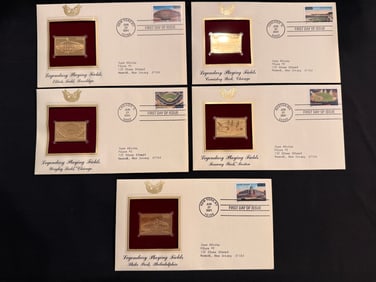 Set of 5 "Legendary Playing Fields" US Stamp 22KT Gold Replica Stamps with First Issue Envelopes
