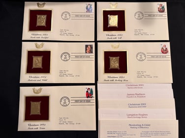 Set of 5 "Christmas 2001" US Stamp 22KT Gold Replica Stamps with First Issue Envelopes w/ COA