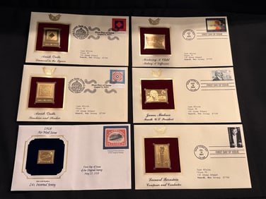 Set of 6 US Stamp 22KT Gold Replica Stamps with First Issue Envelopes
