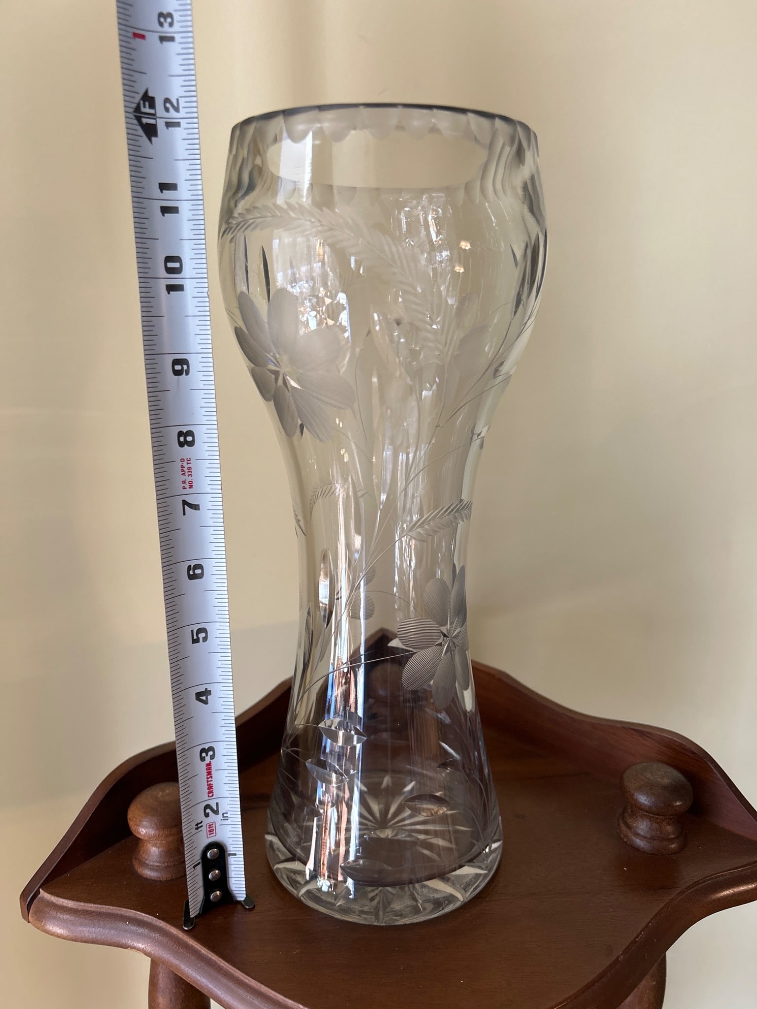 Clear Cut Glass Vase with Floral Etching and Star Cut Base - 2