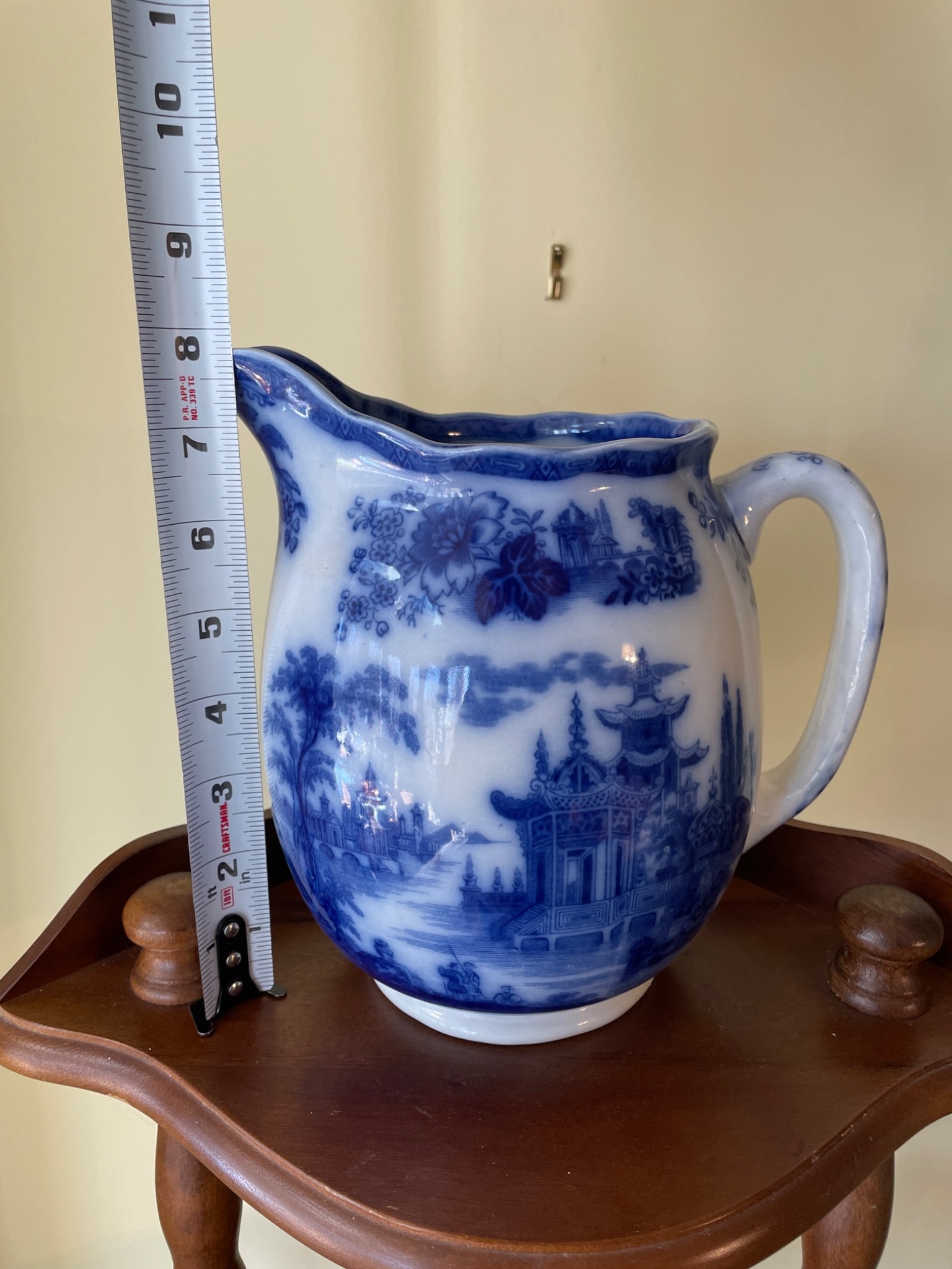 Blue and White Porcelain Pitcher with Chinoiserie Pattern, Marked on Base - 7