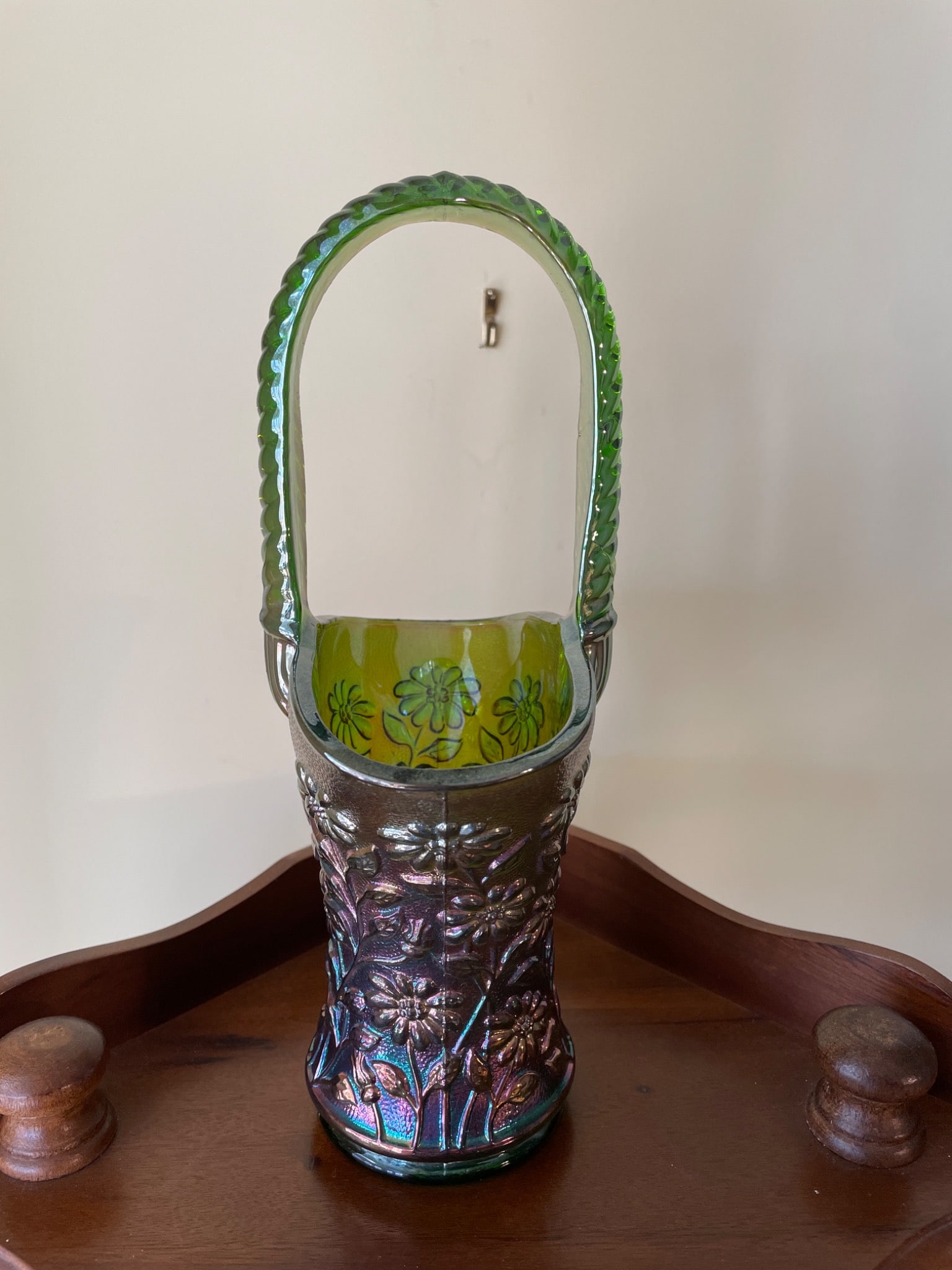 Green Iridescent Glass Basket with Floral Motif and Twisted Handle - 2