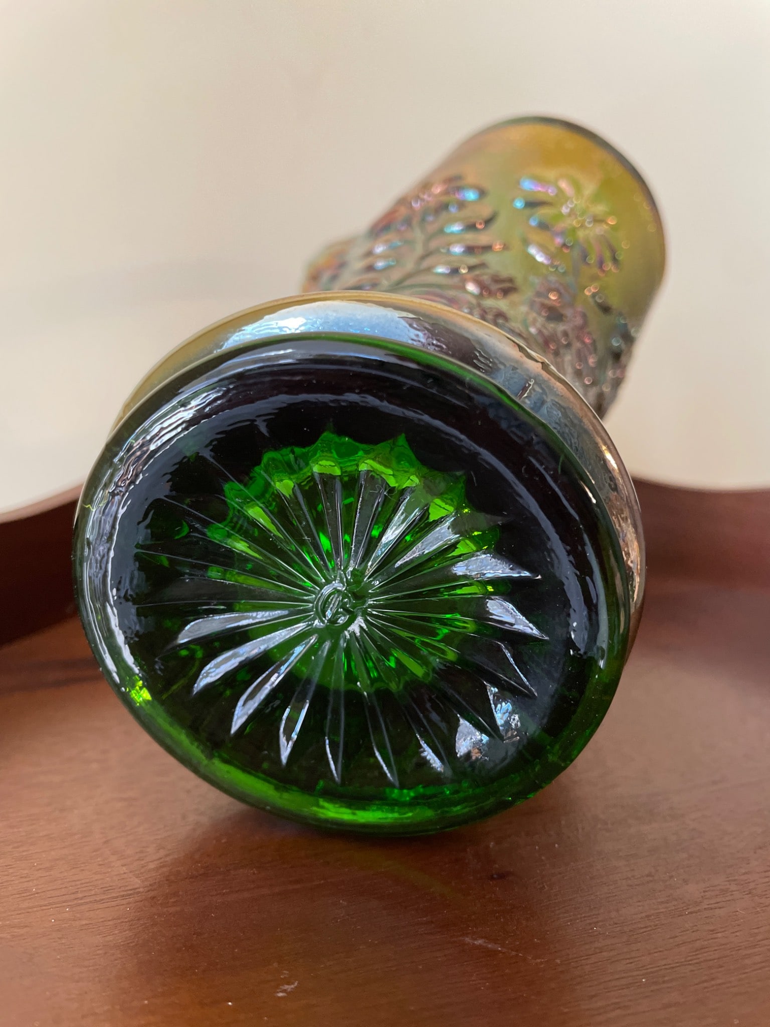 Green Iridescent Glass Basket with Floral Motif and Twisted Handle - 6