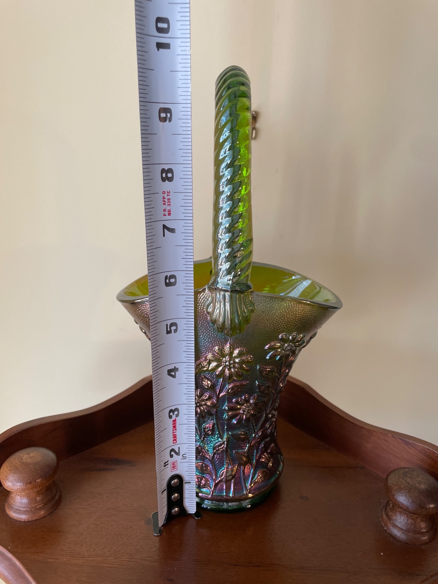 Green Iridescent Glass Basket with Floral Motif and Twisted Handle - 7