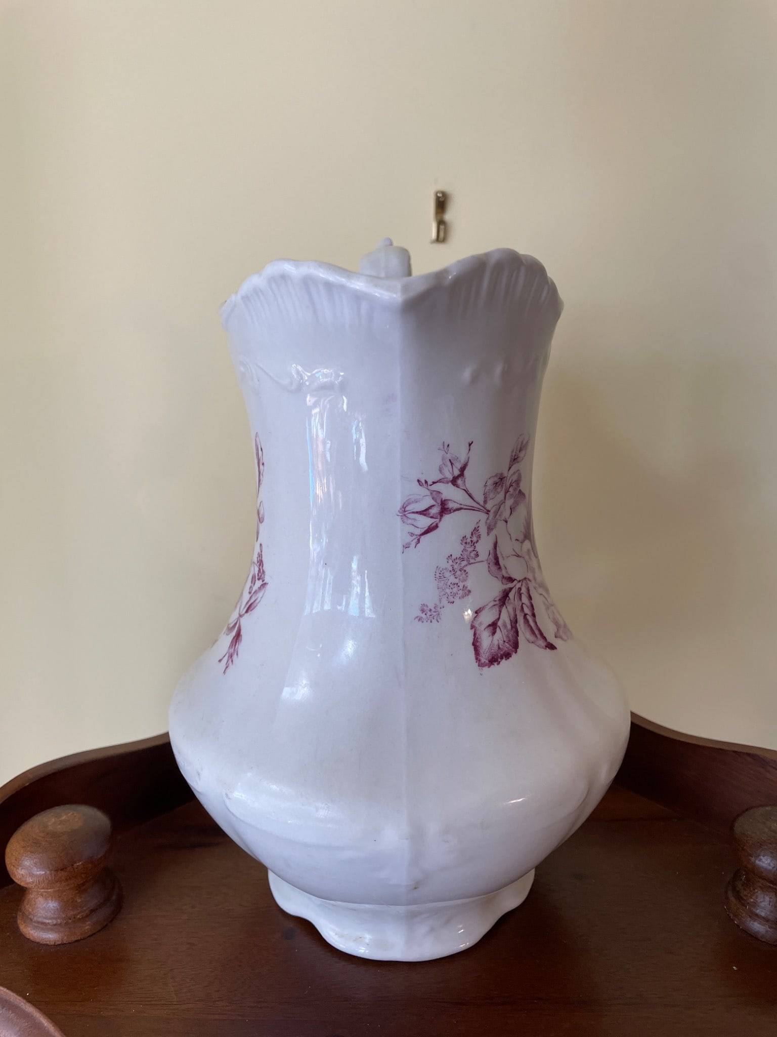 White Ceramic Pitcher With Floral Design and Scalloped Rim - 2
