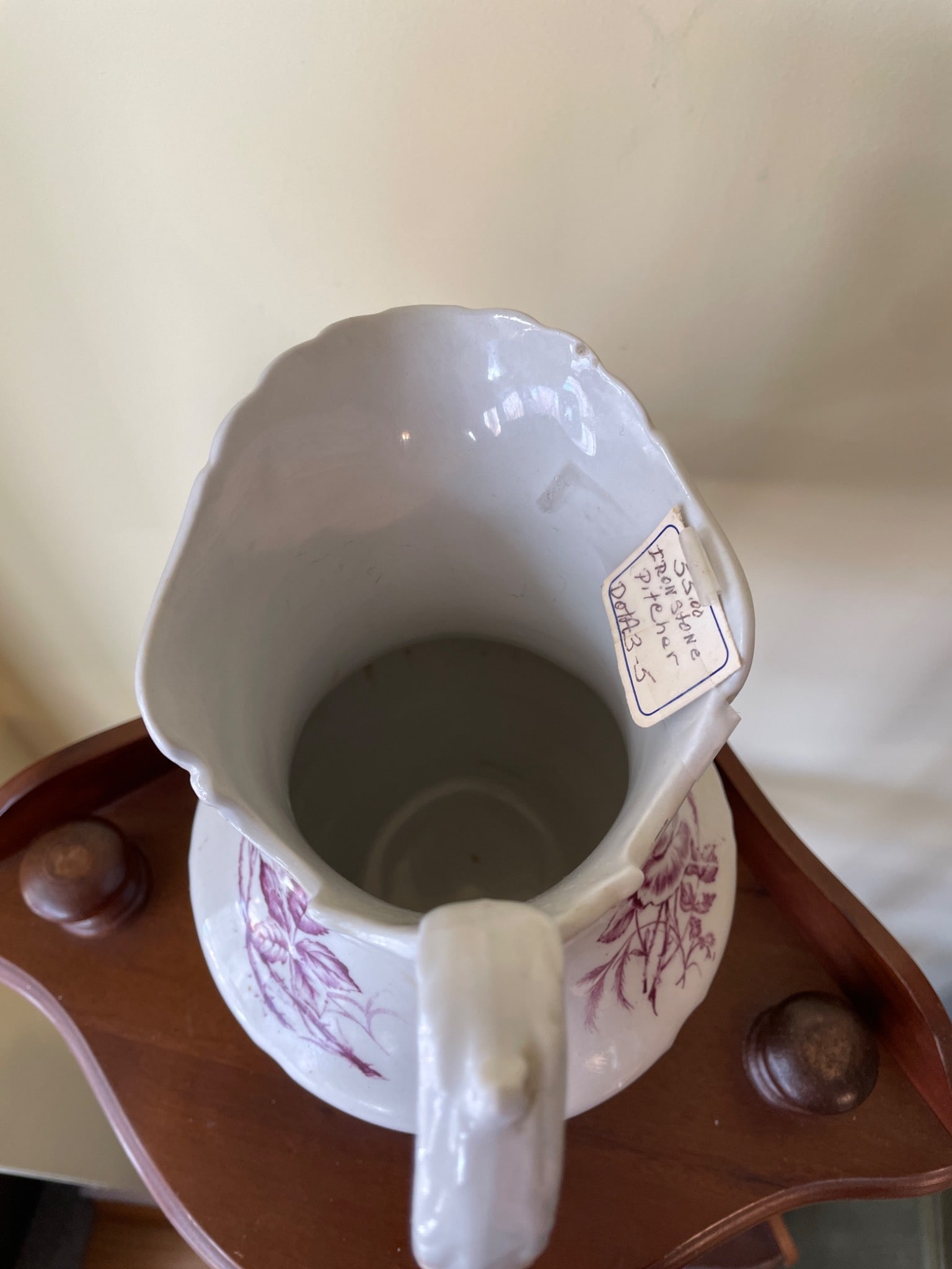 White Ceramic Pitcher With Floral Design and Scalloped Rim - 5