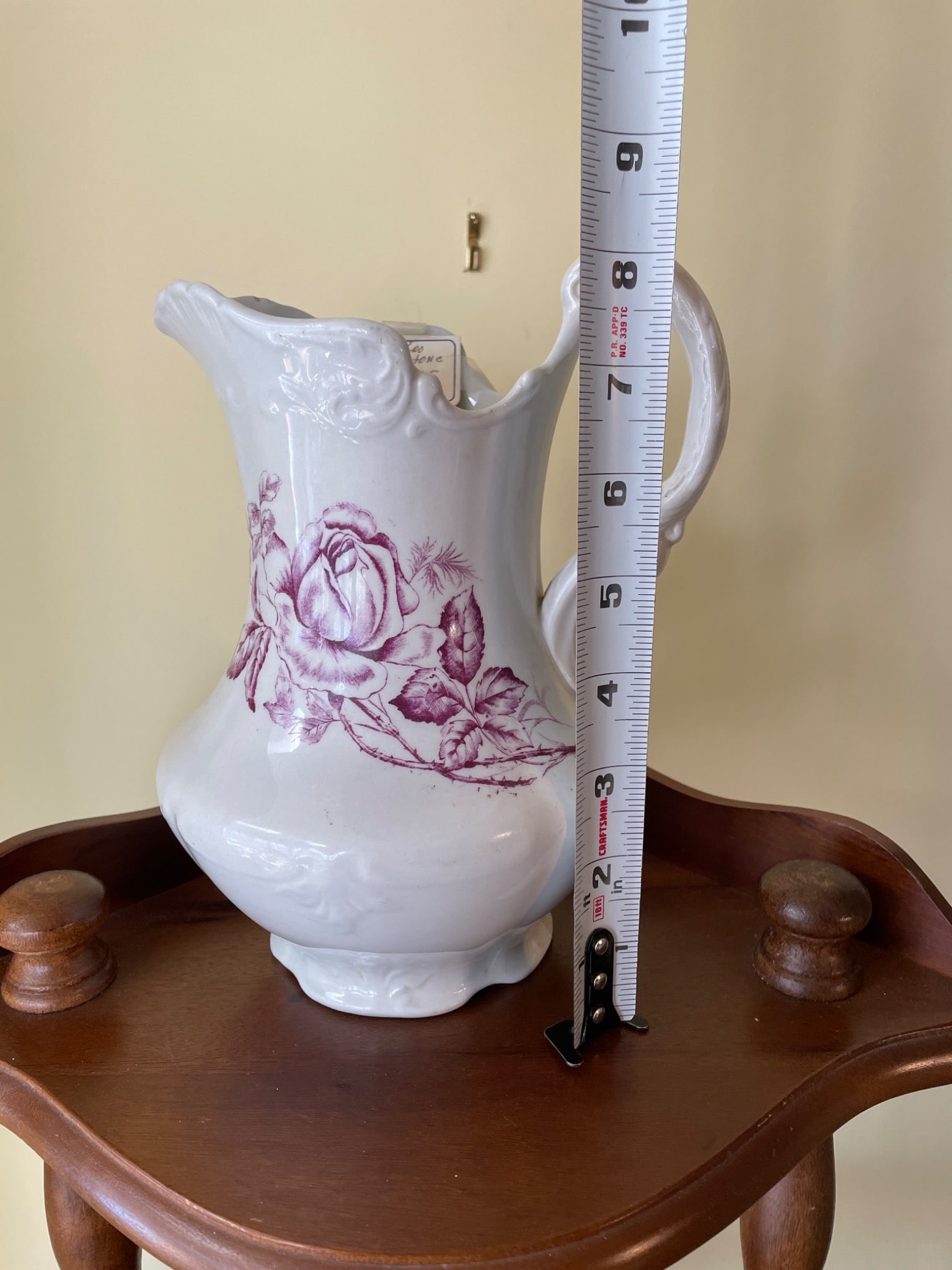White Ceramic Pitcher With Floral Design and Scalloped Rim - 7