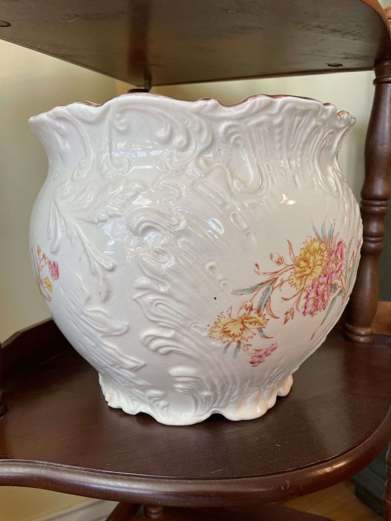 Large White Ceramic Planter With Floral Design and Maker Stamp - 9
