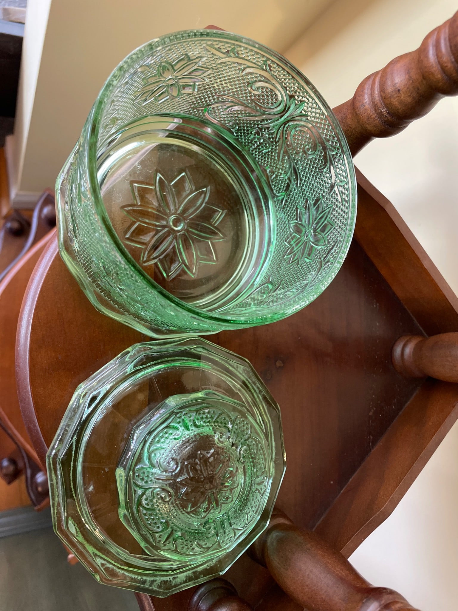 Three Pressed Green Glass Canisters with Lids - 4