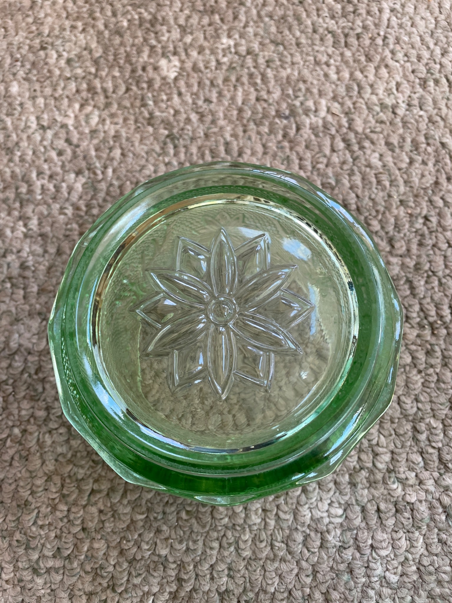 Three Pressed Green Glass Canisters with Lids - 5