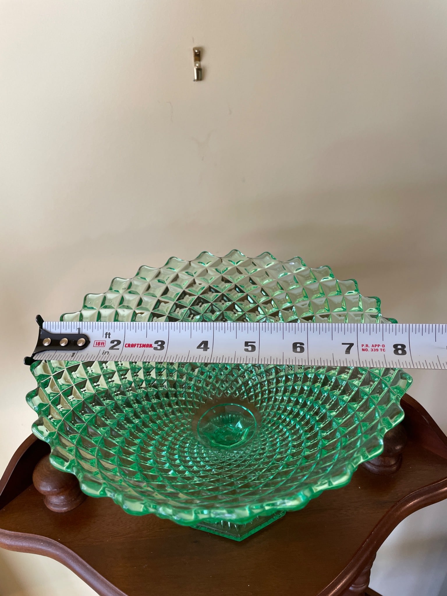 Green Pressed Glass Pedestal Bowl With Diamond Pattern and Hexagonal Base - 3