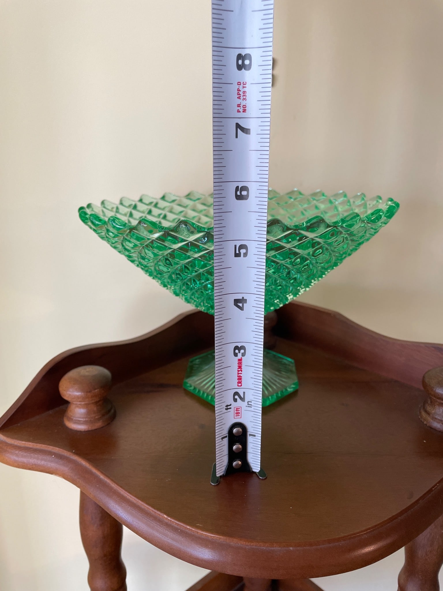 Green Pressed Glass Pedestal Bowl With Diamond Pattern and Hexagonal Base - 4