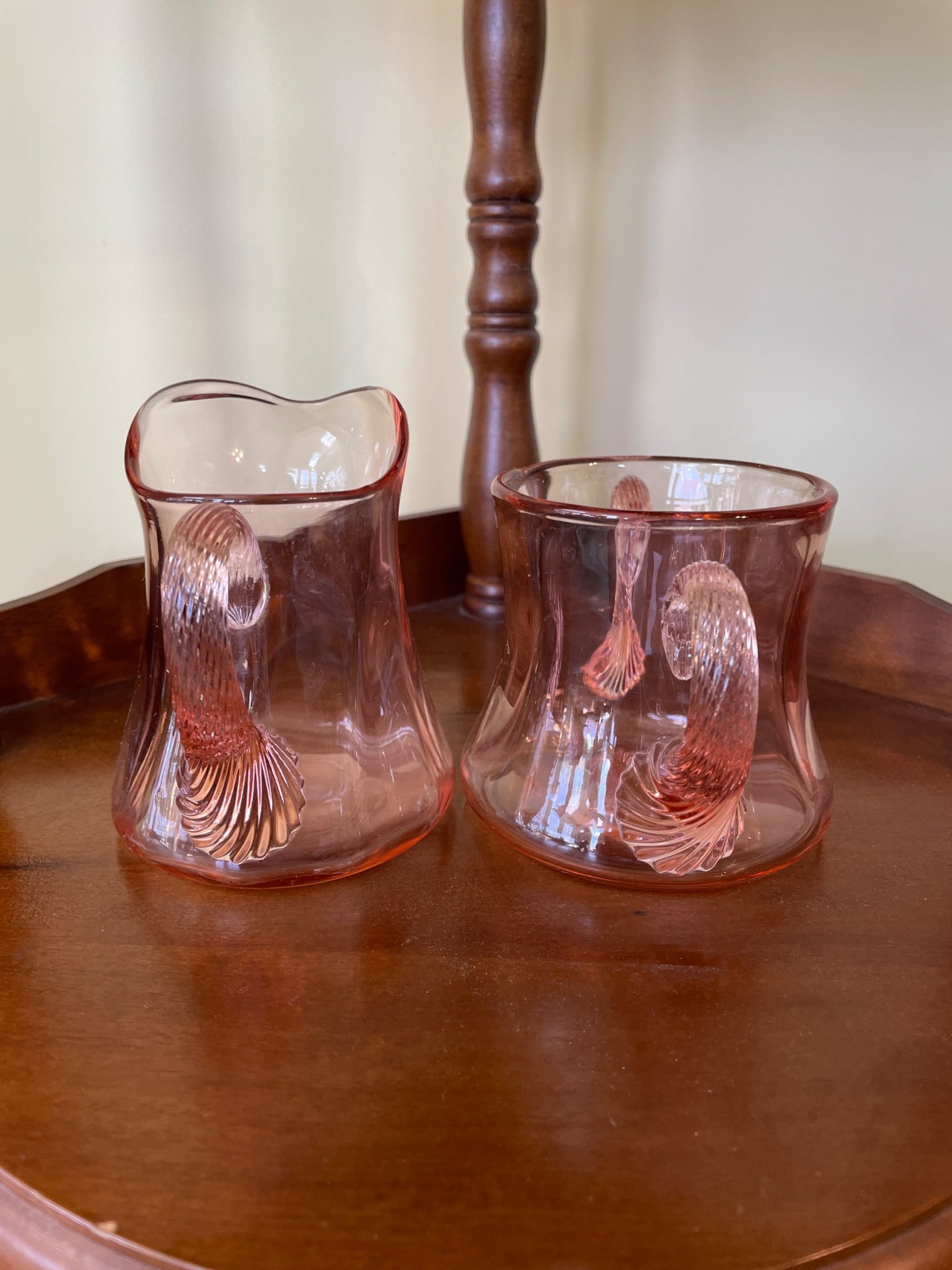 Pink Glass Creamer and Sugar Bowl Set with Twisted Handles - 2