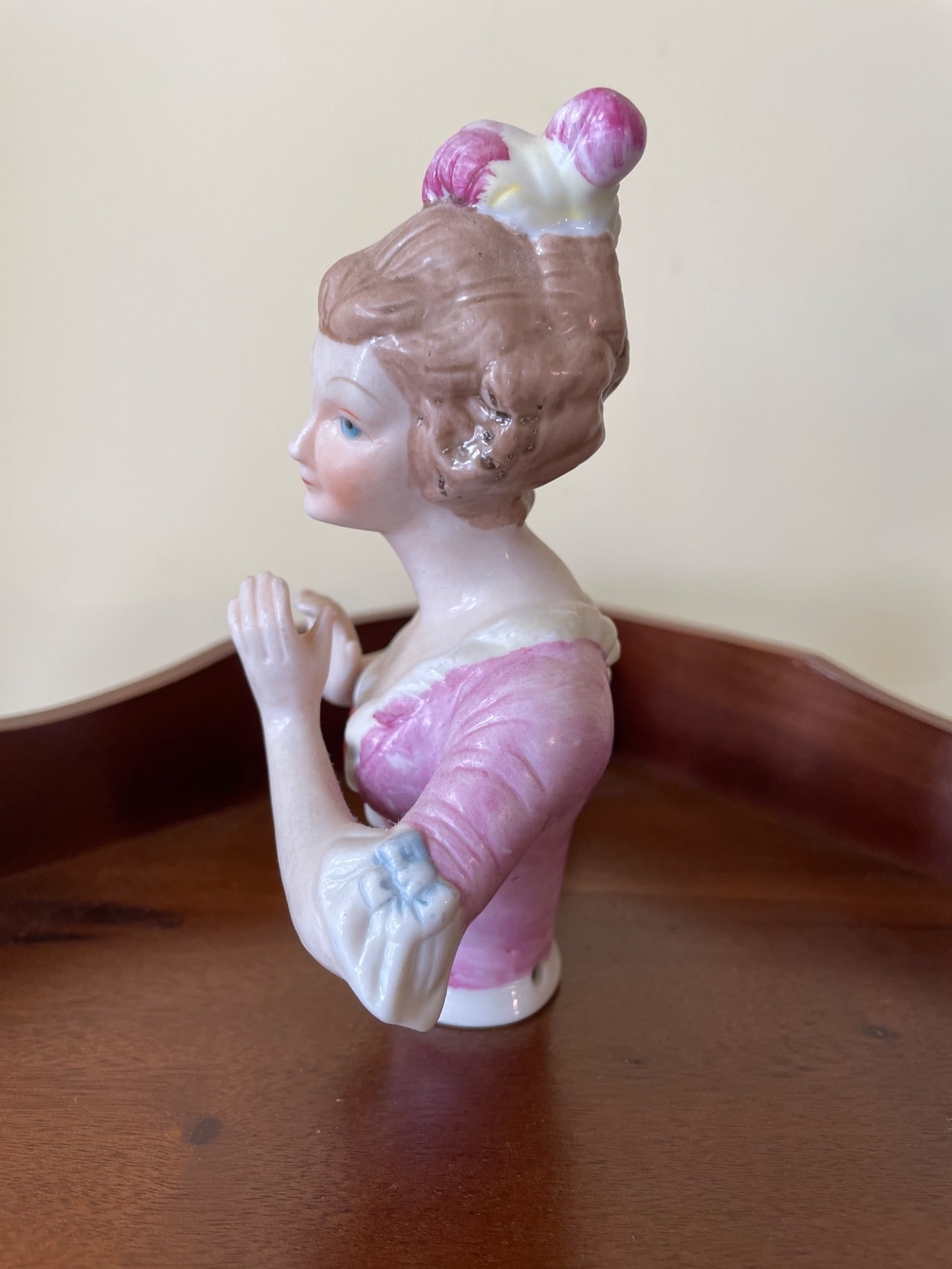 Porcelain Half-Doll Figure With Pink Dress and Updo Hairstyle - 2