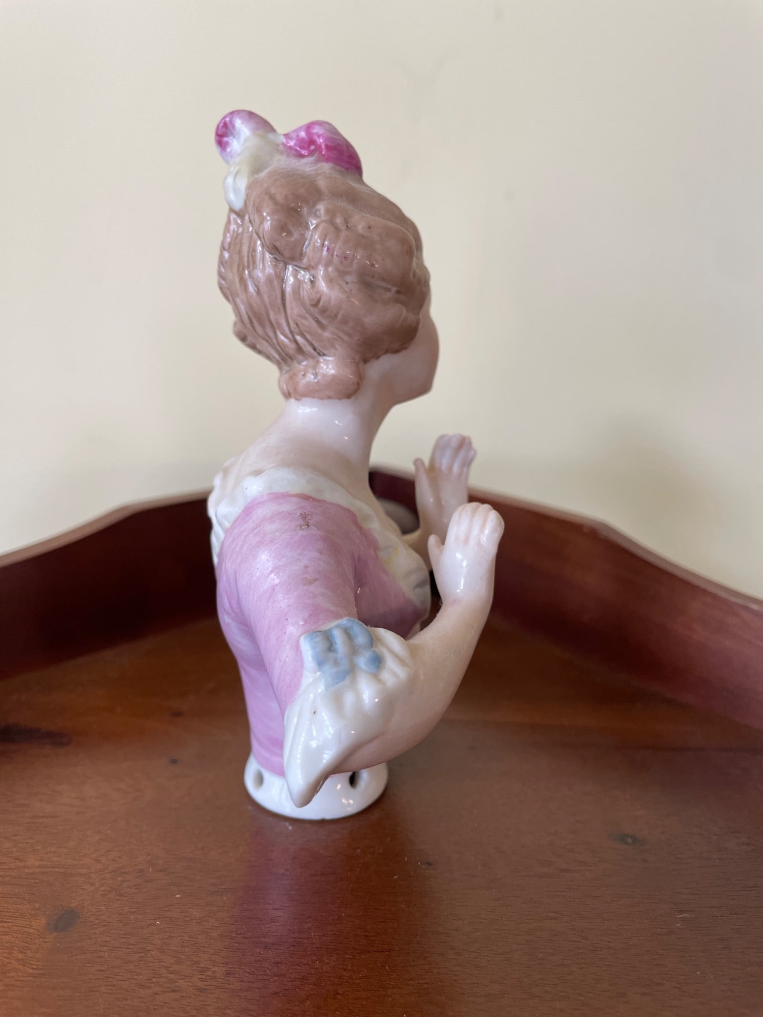 Porcelain Half-Doll Figure With Pink Dress and Updo Hairstyle - 4